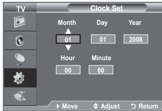 TV Clock Set Month Day Year 01 01 2008 Hour Minute 00 00 Move Adjust D Return