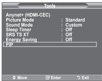 Tools Anynet+ (HDMI-CEC) Picture Mode : Standard Sound Mode : Custom Sleep Timer : Off SRS TS XT : Off Energy Saving : Off PIP Move Enter Exit