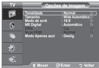 TV Tonalidade : Normal Tamanho : Wide Automático Modo de ecrã : 16:9 NR Digital : Automático DNie : Lig. Nv.pr.HDMI : Normal Modo Apenas azul : Deslig. Mover Enter Voltar