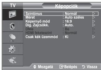 TV Képopciók Szintónus : Normál Méret : Auto széles Képernyő mód : 16:9 Dig. Zajcsökk. : Auto. DNlE : Be HDMI feketeszint : Normál Csak kék üzemmód : Ki Mozgatá □Belépés ▷ Vissza