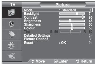 TV Picture Mode : Standard Backlight 7 Contrast 95 Brightness 45 Sharpness 50 Colour 50 G 50 R Detailed Settings Picture Options Reset : OK Move Enter Return