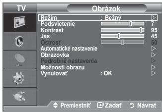 Obrázok Režim : Bežný Podsvietenie 7 Kontrast 95 Jas 45 Ostrost' 50 Automatické nastavenie Obrazovka Podrobné nastavenia Možností obrazu Vynulovat' : OK Premiestnit' Zadat' Návrat