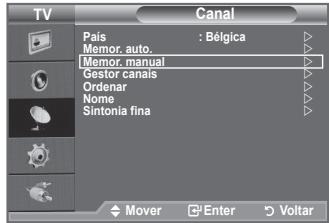 TV Canal Pais : Bélgica Memor. auto. Memor. manual Gestor canais Ordenar Nome Sintonia fina Mover Enter Voltar