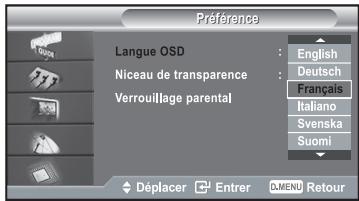 Préférence Langue OSD Niceau de transparence Verrouillage parental English Deutsch Français Italiano Svenska Suomi Déplacer Entrer MENU Retour