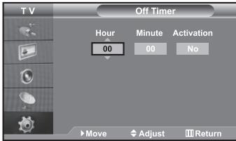 T V Off Timer Hour Minute Activation 00 00 No Move Adjust Return