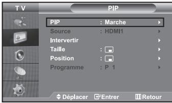 T V PIP PIP : Marche Source : HDMI1 Interverter Taille : Position : Programme : P 1 Déplacer Entrer Retour