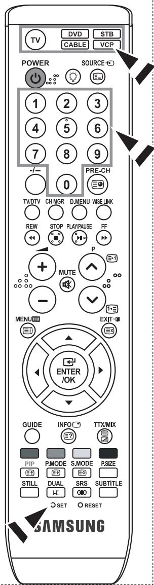 TV DVD STB CABLE VCP POWER SOURCE 1 2 3 4 5 6 7 8 9 -/-- 0 PRE-CH TV/DTV CH MGR D.MENU WISE LINK REW STOP PLAY/PAUSE FF P MUTE - - MENU EXIT- ENTER /OK GUIDE INFO TTX/MIX PIP P.MODE S.MODE PSIZE STILL DUAL SRS SUBTITLE I-II SET RESET SAMSUNG