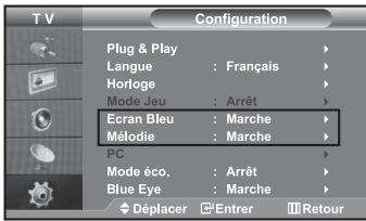 Configuration Plug & Play Langue : Français Horloge Mode Jeu : Arrêt Ecran Bleu : Marche Mélodie : Marche PC Mode éco. : Arrêt Blue Eye : Marche Déplacer Entrer Retour