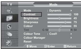 T V Mode Contrast : Dynamic Brightness 100 Sharpness 45 Colour 75 Colour 55 Tint G 50 R 50 Colour Tone : Cool1 Colour Manager Reset Move Enter Return