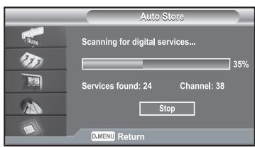 Auto Store Scanning for digital services... 35% Services found: 24 Channel: 38 Stop D-MENU Return