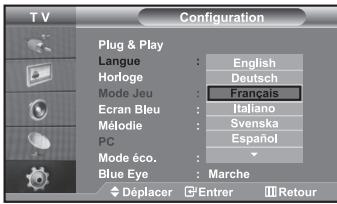 Configuration Plug & Play Langue : English Horloge : Deutsch Mode Jeu : Français Ecran Bleu : Italiano Mélodie : Svenska PC : Español Mode éco. : Blue Eye : Marche Déplacer Entrer Retour