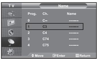 T V Name Prog. Ch. Name 0 C- **** 1 C3 **** 2 C4 **** 3 C74 **** 4 C75 **** Move Enter Return