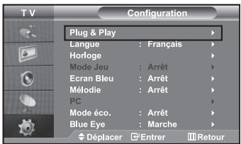 Configuration Plug & Play Langue : Français Horloge Mode Jeu : Arrêt Ecran Bleu : Arrêt Mélodie : Arrêt PC Mode éco. : Arrêt Blue Eye : Marche Déplacer Entrer Retour