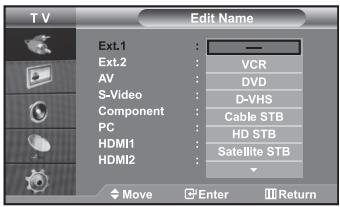 T V Edit Name Ext.1 Ext.2 AV S-Video Component PC HDMI1 HDMI2 —— VCR DVD D-VHS Cable STB HD STB Satellite STB Move Enter Return