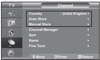 T V Channel Country : United Kingdom > Auto Store > Manual Store > Channel Manager > Sort > Name > Fine Tune > Move Enter Return