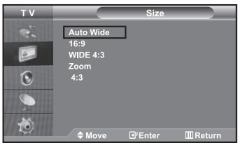 T V Size Auto Wide 16:9 WIDE 4:3 Zoom 4:3 Move Enter Return