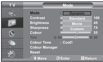 T V Mode Dynamic Contrast Standard 100 Brightness Movie 45 Sharpness Custom 75 Colour 55 Tint G 50 R 50 Colour Tone Cool1 Colour Manager Reset Move Enter III Return