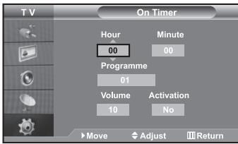 TV On Timer Hour 00 Minute 00 Programme 01 Volume 10 Activation No Move Adjust Return