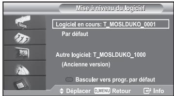Mise à niveau du logiciel Logiciel en cours: T_MOSLDUKO_0001 Par défaut Autre logiciel: T_MOSLDUKO_1000 (Ancienne version) Basculer vers progr. par défaut Déplacer Q.MENU Retour Info