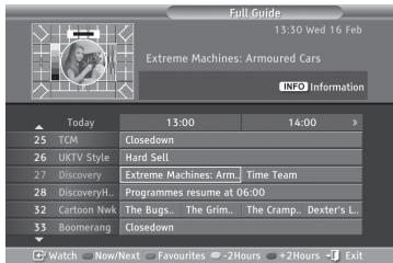 Full Guide 13:30 Wed 16 Feb Extreme Machines: Armoured Cars INFO Information Today 13:00 14:00 25 TCM Closedown 26 UKTV Style Hard Sell 27 Discovery Extreme Machines: Arm Time Team 28 DiscoveryL... Programmes resume at 06:00 32 Cartoon Nwk The Bugs... The Grim... The Cramp... Dexter's L... 33 Boomerang Closedown Watch Now/Next Favourites -2Hours +2Hours -Exit