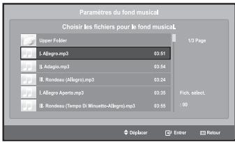 Paramètres du fond musical Choisir les fichiers pour le fond musical. Upper Folder L'Allegro.mp3 03.51 B'Adagio.mp3 03.54 B_Rondeau (Allegro).mp3 03.24 L'Allegro_Apento.mp3 03.35 B_Rondeau (Tempo Di Minuette-Allegro).mp3 03.55 Fitch, select. :00 Déplacer Enter Retour