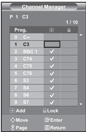 Channel Manager P 1 C3 1 / 10 Prog. 0 C- 1 C3 2 BBC 1 ✓ 3 C74 ✓ 4 C75 ✓ 5 C76 ✓ 6 S3 ✓ 7 S4 ✓ 8 S6 ✓ 9 S7 ✓ Add Lock Move Enter Page Return