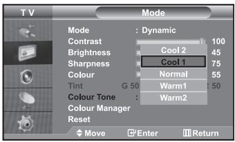 T V Mode Dynamic Contrast Cool 2 Brightness Sharpness Cool 1 Colour Normal Tint G 50 Warm1 Colour Tone Warm2 Colour Manager Reset Move Enter Return