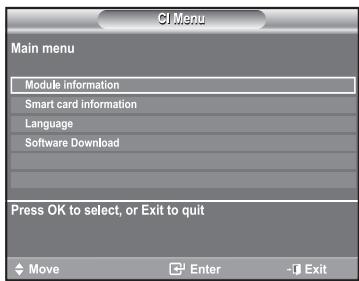 CI Menu Main menu Module information Smart card information Language Software Download Press OK to select, or Exit to quit Move Enter Exit