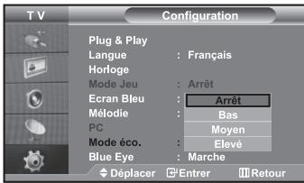 T V Configuration Plug & Play Langue : Français Horfoge Mode Jeu : Arrêt Ecran Bleu : Arrêt Mélodie : Bas PC : Moyen Mode éco. : Elevé Blue Eye : Marche Déplacer Entrer Retour