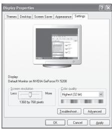 Display Properties Themes Desktop Screen Save Appearance Settings Display: Default Monitor on NVIDIA GeForce FX 5200 Screen resolution More Color quality Less 1360 by 768 pixels Highest (32 bit) Use another Advanced OK Cancel Apply