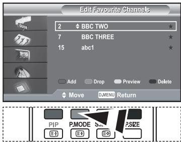 Edit Favourite Channels 2 ⬆ BBC TWO 7 BBC THREE 15 abc1 Add Drop Preview Delete Move DMENU Return PIP P.MODE Shift P.SIZE E3 E0 E0