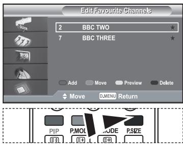 Edit Favourite Channels 2 BBC TWO 7 BBC THREE Add Move Preview Delete Move DMENU Return PIP P.MOLE MODE P.SIZE E1 E2 E3 E4