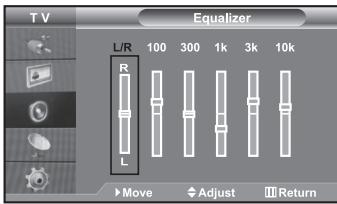 T V Equalizer L/R 100 300 1k 3k 10k R L Move Adjust Return