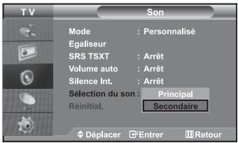 T V Son Mode : Personalisé Egaliseur SRS TSXT : Arrêt Volume auto : Arrêt Silence Int. : Arrêt Sélection du son : Principal Réinitial. : Secondaire Déplacer Entrer Retour