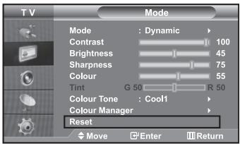 T V Mode Mode : Dynamic Contrast 100 Brightness 45 Sharpness 75 Colour 55 Tint G 50 R 50 Colour Tone : Cool1 Colour Manager Reset Move Enter Return