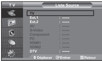 T V Liste Source TV Ext.1 : ****** Ext.2 : ****** AV : ****** S-Vidéo : ****** Composant : ****** PC : ****** HDMI1 : ****** HDMI2 : ****** DTV : ****** Déplacer Entrer Retour
