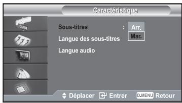 Caractéristique Sous-titres : Arr. Langue des sous-titres Mar. Langue audio Déplacer Entrer DMENU Retour