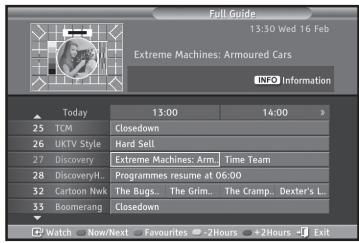 Full Guide 13:30 Wed 16 Feb Extreme Machines: Armoured Cars INFO Information Today 13:00 14:00 25 TCM Closedown 26 UKTV Style Hard Sell 27 Discovery Extreme Machines: Arm Time Team 28 DiscoveryL... Programmes resume at 06:00 32 Cartoon Nwk The Bugs... The Grim... The Cramp... Dexter's L... 33 Boomerang Closedown Watch Now/Next Favourites -2Hours +2Hours Exit