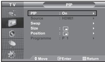 T V PIP PIP : On Source : HDMI1 Swap Size : Position : Programme : P 1 Move Enter Return