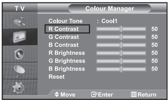 T V Colour Manager Colour Tone : Cool1 R Contrast 50 G Contrast 50 B Contrast 50 R Brightness 50 G Brightness 50 B Brightness 50 Reset Move Enter III Return