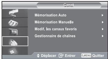 Canal Mémorisation Auto Mémorisation Manuelle Modif. les canaux favoris Gestionnaire de chaînes Déplacer Entrer O_MENU Quitter