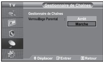 T V Gestionnaire de Chaînes Gestionnaire de Chaînes Verrouillage Parental : Arrêt Marche Déplacer Entrer Retour