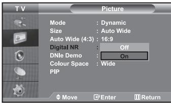 TV Picture Mode : Dynamic Size : Auto Wide Auto Wide (4:3) : 16:9 Digital NR : Off DNlE Demo : On Colour Space : Wide PIP Move Enter III Return