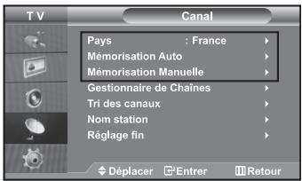 T V Canal Pays : France Mémorisation Auto Mémorisation Manuelle Gestionnaire de Chaines Tri des canaux Nom station Réglage fin Déplacer Entrer Retour
