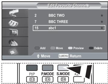 Edit Favourite Channels 2 BBC TWO ★ 7 BBC THREE ★ 15 abc1 ★ Add Move Preview Delete Move MENU Return PIP P.MODE S.MODE E3 E9 E0