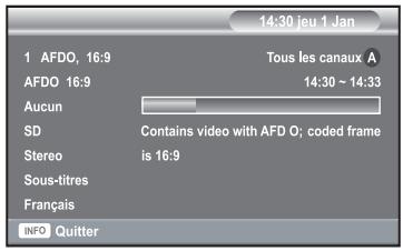 14:30 jeu 1 Jan 1 AFDO, 16:9 Tous les canaux A AFDO 16:9 14:30 ~ 14:33 Aucun SD Contains video with AFD O; coded frame Stereo is 16:9 Sous-titres Français INFO Quitter
