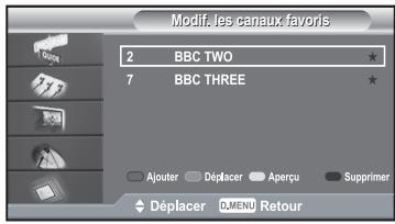 Modif. les canaux favors 2 BBC TWO 7 BBC THREE Ajouter Déplacer Aperçu Supprimer Déplacer D.MENU Retour