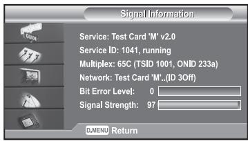 Signal Information Service: Test Card 'M' v2.0 Service ID: 1041, running Multiplex: 65C (TSID 1001, ONID 233a) Network: Test Card 'M'_(ID 3Off) Bit Error Level: 0 Signal Strength: 97 D.MENI Return