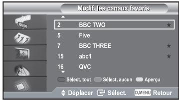 Modif. les canaux favors 2 BBC TWO 5 Five 7 BBC THREE 15 abc1 16 QVC Select tout Select aucun Aperçu Déplacer Select MENU Retour