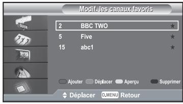 Modif. les canaux favors 2 BBC TWO 5 Five 15 abc1 Ajouter Déplacer Aperçu Supprimer Déplacer D:MENU Retour